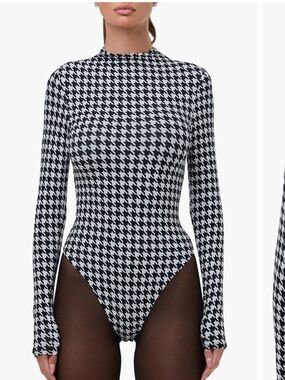 naked wardrobe Black and White Houndstooth Mock Neck Long-Sleeve Bodysuit